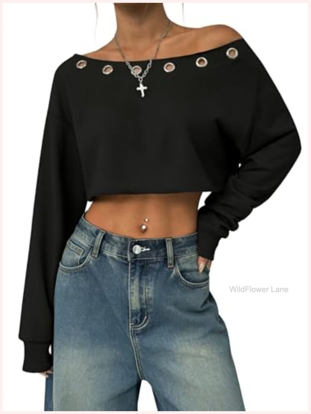 Off Shoulder Cropped Sweatshirt Asymmetrical Neck Long Sleeve Crop Top - Picture 2 of 7